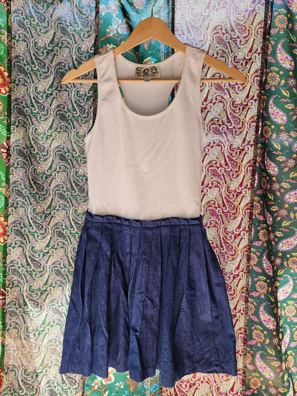 White Tank Top and Navy Pleated Skirt Dress